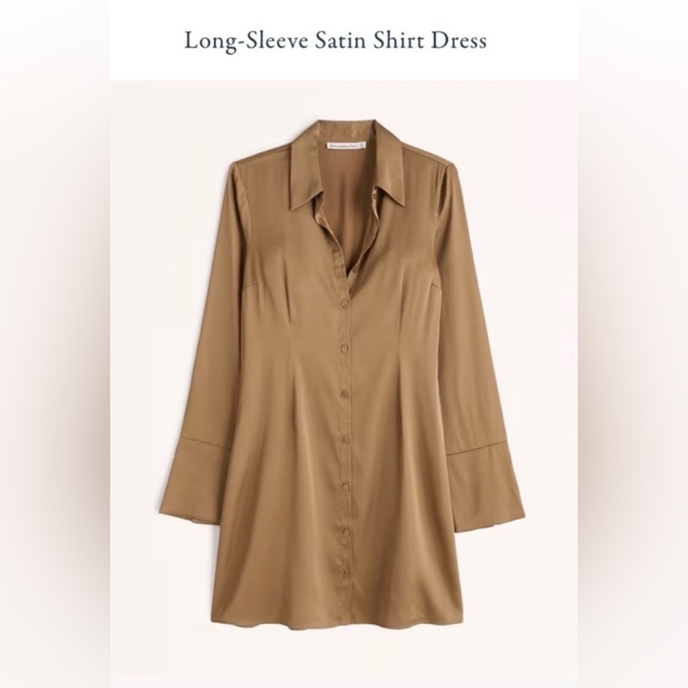 Abercrombie & Fitch Long-Sleeve Satin Shirt Dress in Camel